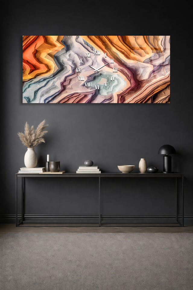 KIRILMAZ CAM DUVAR SAATİ , HEM TABLO HEM SAAT KATMANLI SOYUT SANAT RENKLİ EV OFİS HEDİYESİ
