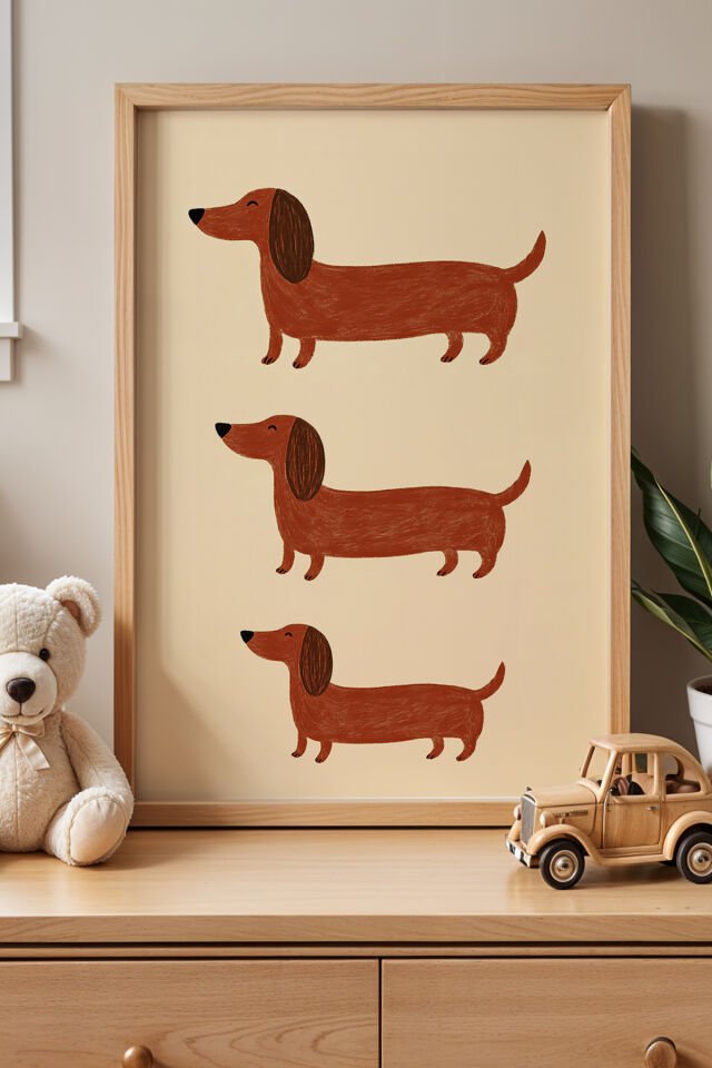 DOĞAL AHŞAP - Sevimli Köpekler Çocuk Odası Ahşap Çerçeveli Duvar Tablosu