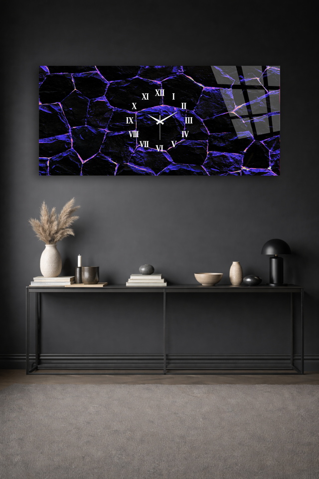 KIRILMAZ CAM DUVAR SAATİ , HEM TABLO HEM SAAT SİYAH MOR ÇATLAK TAŞ DESEN EV OFİS HEDİYESİ
