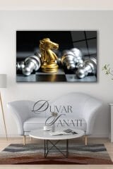 Satranç At'ın Savaşı Yatay Cam Tablo, Modern Ev Salon Ofis Dekorasyonu Hediyelik Büyük Duvar Dekoru