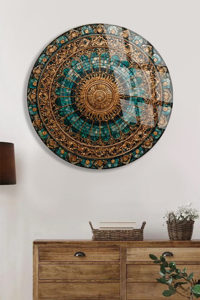 KIRILMAZ CAM TABLO – TURKUAZ ALTIN OSMANLI DESENLİ MOZAIK MANDALA TASARIMI