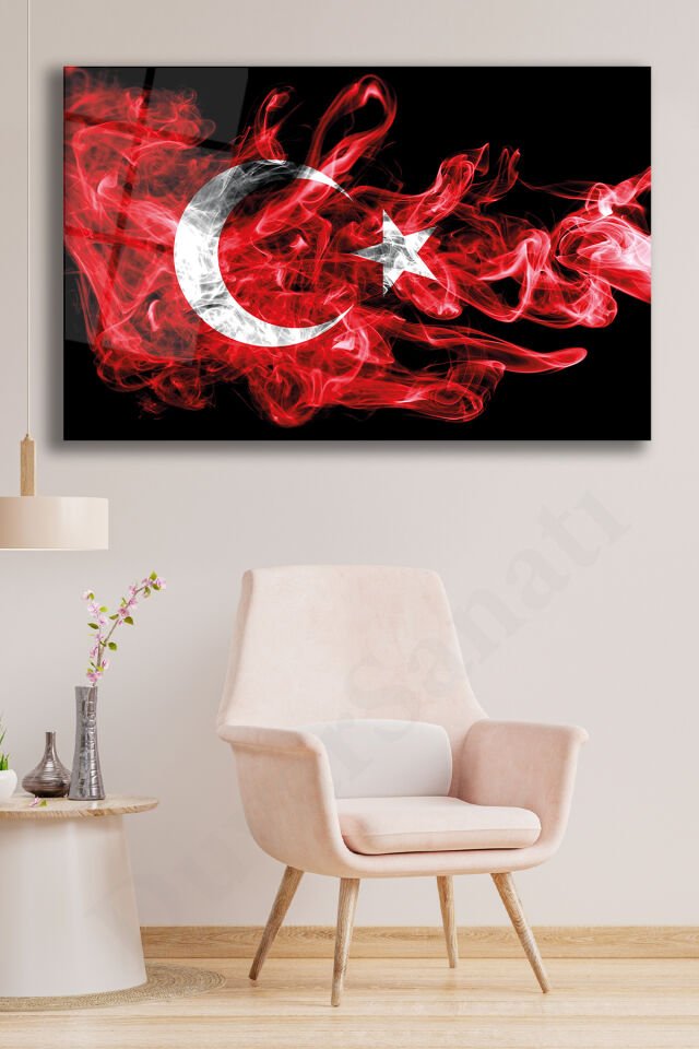 Türk Bayrağı Yatay Cam Tablo , Modern Ev Ofis Salon Duvar Dekoru , Hediyelik Tablo Kırmızı Siyah