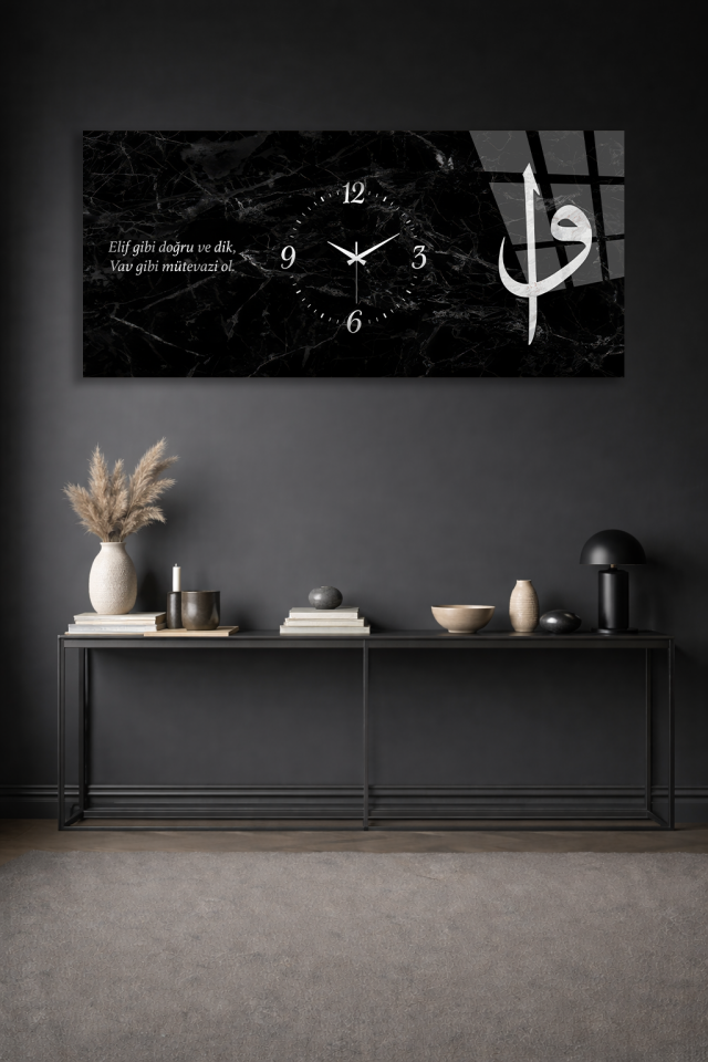 KIRILMAZ CAM DUVAR SAATİ , HEM TABLO HEM SAAT SİYAH MERMER HAT SANATI EV OFİS HEDİYESİ