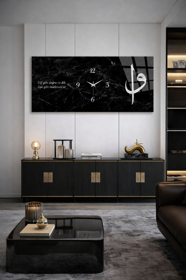 KIRILMAZ CAM DUVAR SAATİ , HEM TABLO HEM SAAT SİYAH MERMER HAT SANATI EV OFİS HEDİYESİ