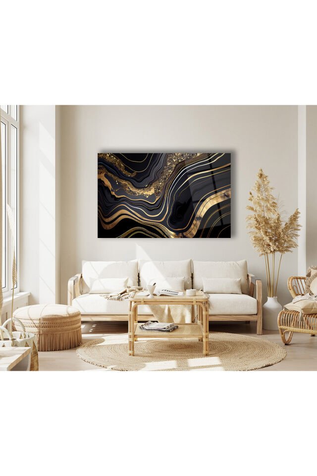 Soyut Siyah Gold Mermer Deseni Yatay Cam Tablo , Modern Ev Ofis Salon Duvar Dekoru , Hediyelik Tablo Siyah Gold