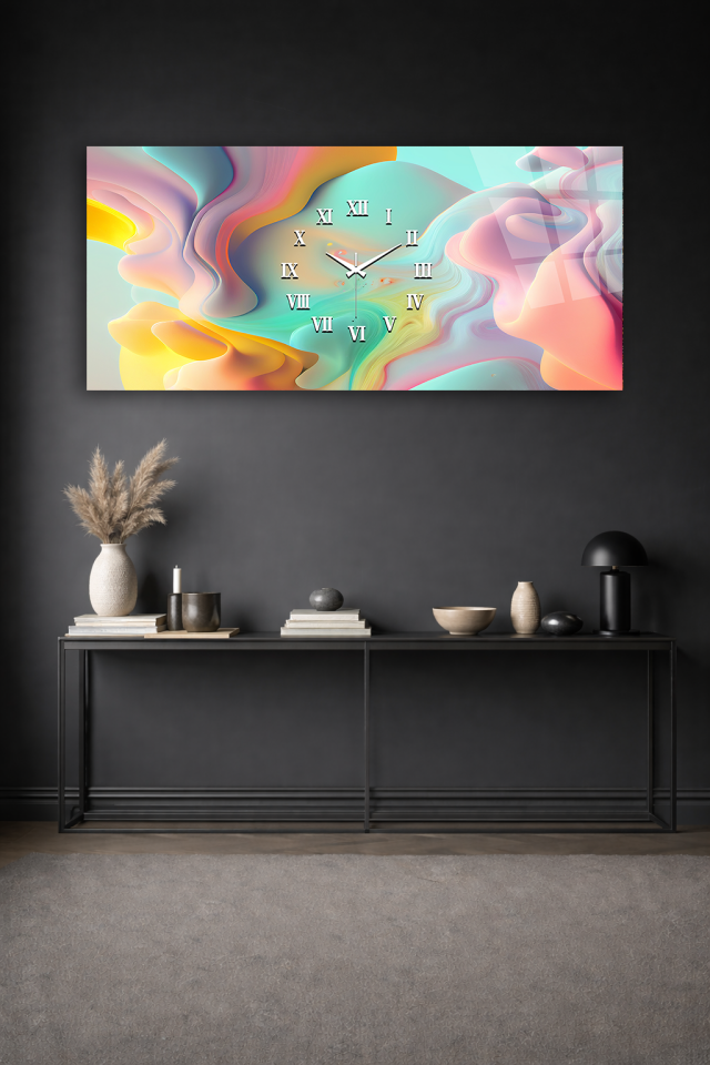 KIRILMAZ CAM DUVAR SAATİ , HEM TABLO HEM SAAT SOFT RENK SOYUT DALGA TASARIM EV OFİS HEDİYESİ