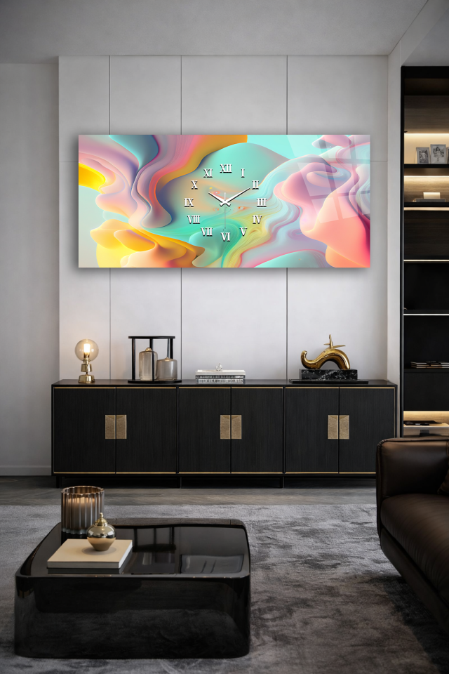KIRILMAZ CAM DUVAR SAATİ , HEM TABLO HEM SAAT SOFT RENK SOYUT DALGA TASARIM EV OFİS HEDİYESİ