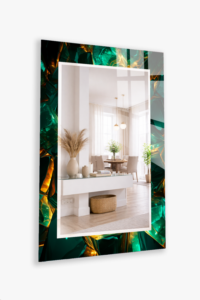 HEM TABLO HEM AYNA ZÜMRÜT YEŞİL KRİSTAL DOKU DESEN CAM DUVAR AYNASI EV DEKORU
