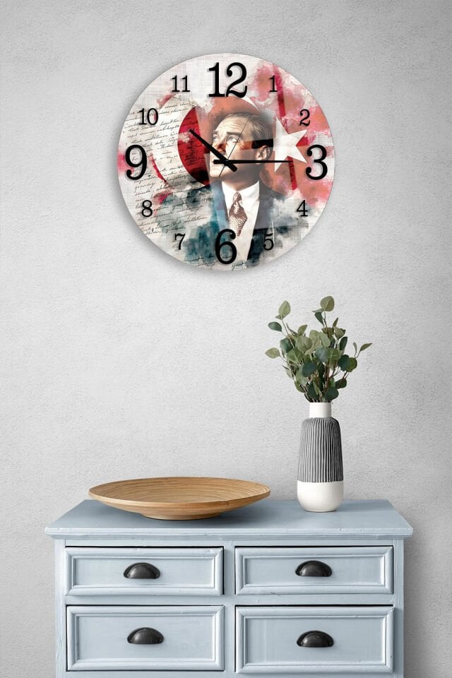 KIRILMAZ CAM DUVAR SAATİ, HEM TABLO HEM SAAT ATATÜRK TÜRK BAYRAĞI TEMALI SANAT EV OFİS HEDİYESİ