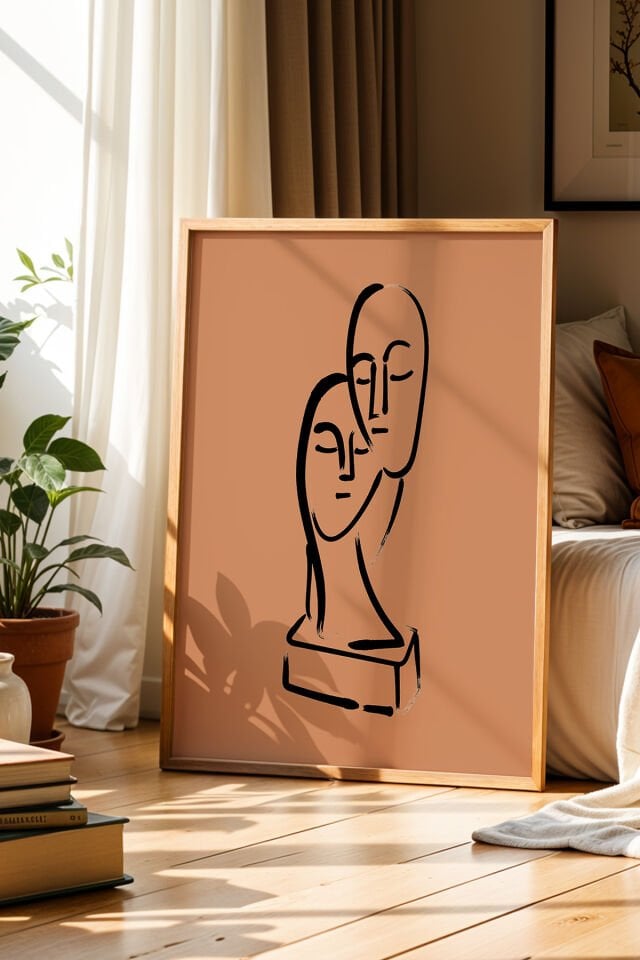 DOĞAL AHŞAP - Soyut Yüz Figürleri Çizimi Terra Cotta Doğal Ahşap Çerçeveli Duvar Tablosu