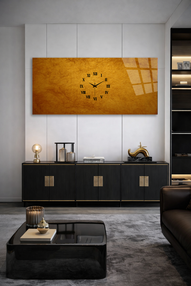 KIRILMAZ CAM DUVAR SAATİ , HEM TABLO HEM SAAT ALTIN DOKU MODERN TASARIM EV OFİS HEDİYESİ