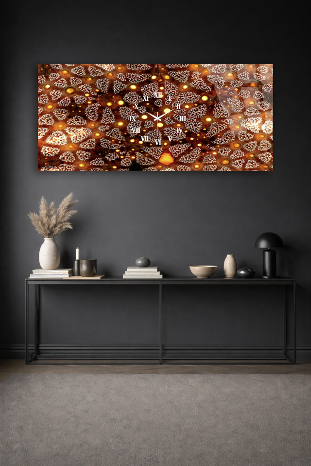 KIRILMAZ CAM DUVAR SAATİ , HEM TABLO HEM SAAT ALTIN IŞIKLI DESEN MODERN EV OFİS HEDİYESİ