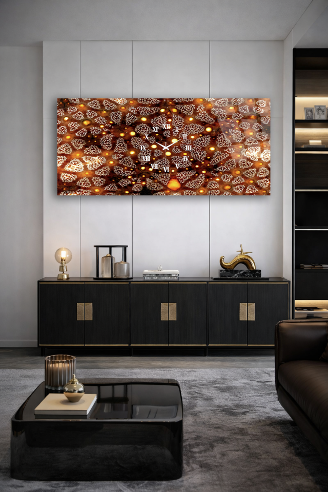 KIRILMAZ CAM DUVAR SAATİ , HEM TABLO HEM SAAT ALTIN IŞIKLI DESEN MODERN EV OFİS HEDİYESİ