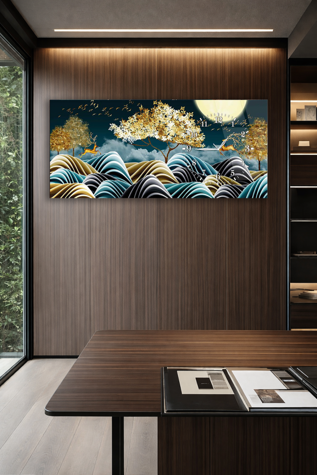 KIRILMAZ CAM DUVAR SAATİ , HEM TABLO HEM SAAT DOĞA VE AY IŞIĞI SANATSAL EV OFİS HEDİYESİ