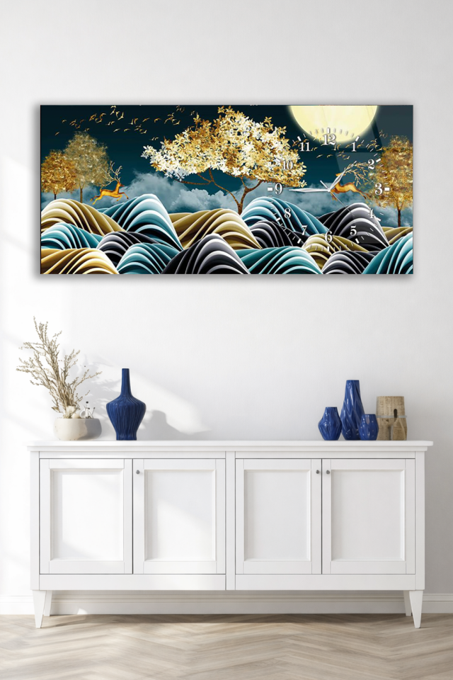 KIRILMAZ CAM DUVAR SAATİ , HEM TABLO HEM SAAT DOĞA VE AY IŞIĞI SANATSAL EV OFİS HEDİYESİ