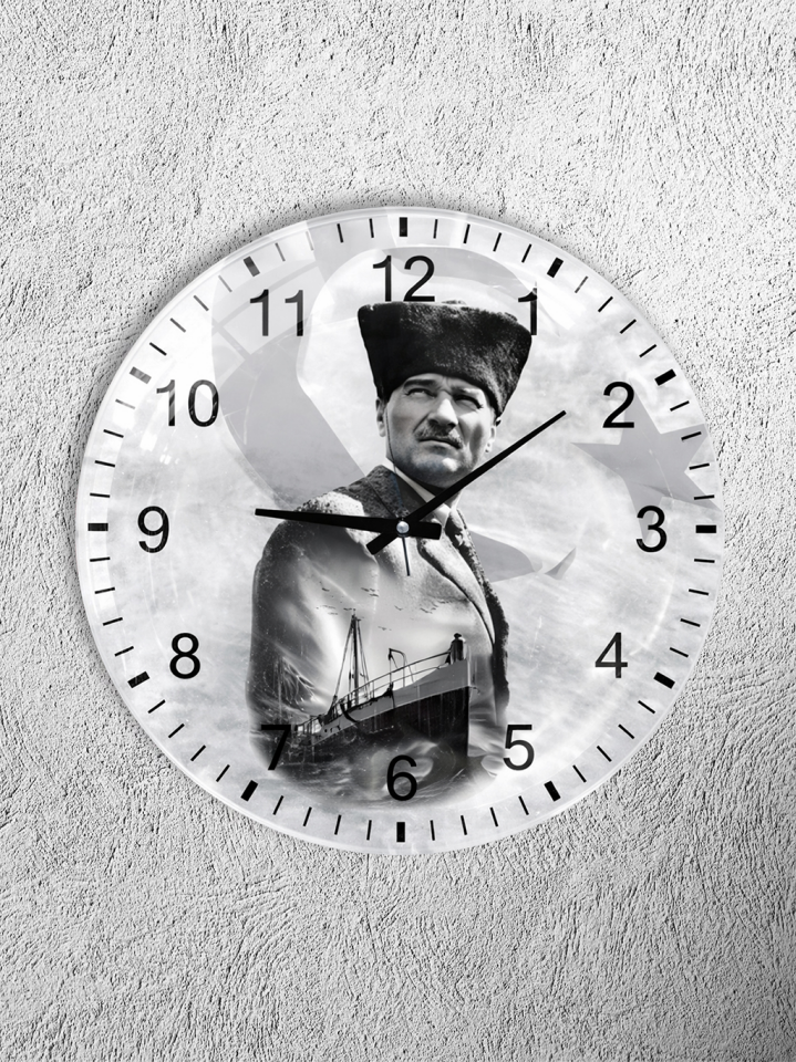 KIRILMAZ CAM DUVAR SAATİ, HEM TABLO HEM SAAT ATATÜRK TARİHİ FOTOĞRAF KONSEPT EV OFİS HEDİYESİ