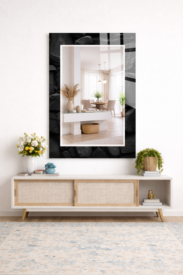 HEM TABLO HEM AYNA ANTRASİT DOĞAL KAYA DOKU DESEN CAM DUVAR AYNASI EV DEKORU