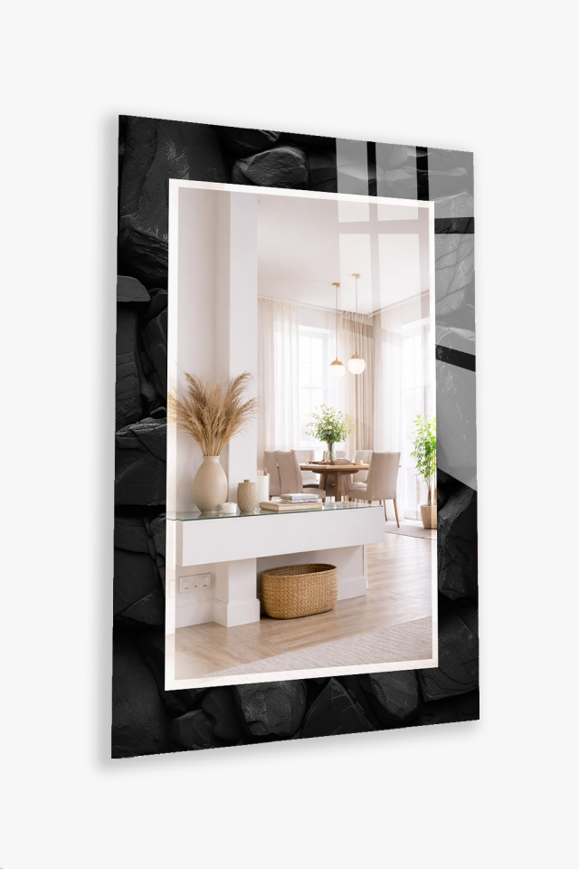 HEM TABLO HEM AYNA ANTRASİT DOĞAL KAYA DOKU DESEN CAM DUVAR AYNASI EV DEKORU