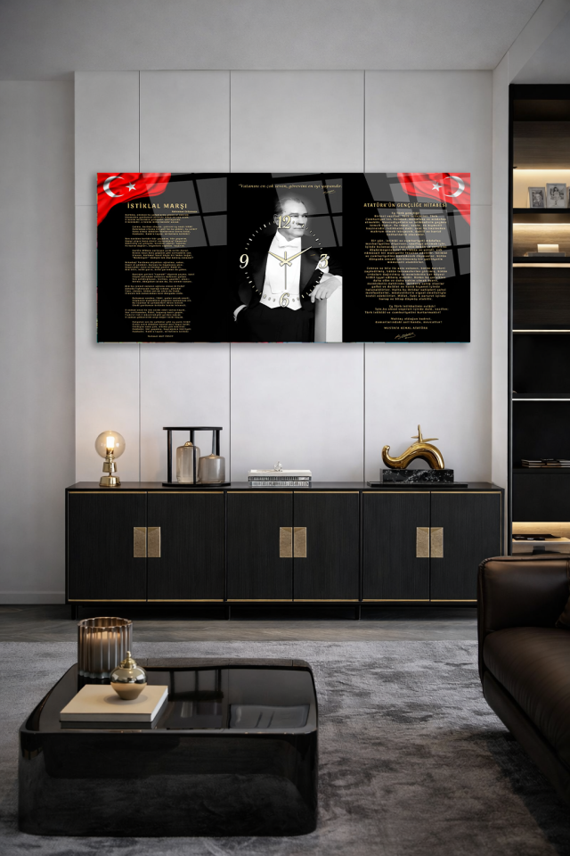 KIRILMAZ CAM DUVAR SAATİ , HEM TABLO HEM SAAT ATATÜRK TEMALI İSTİKLAL VE HİTABE EV OFİS HEDİYESİ