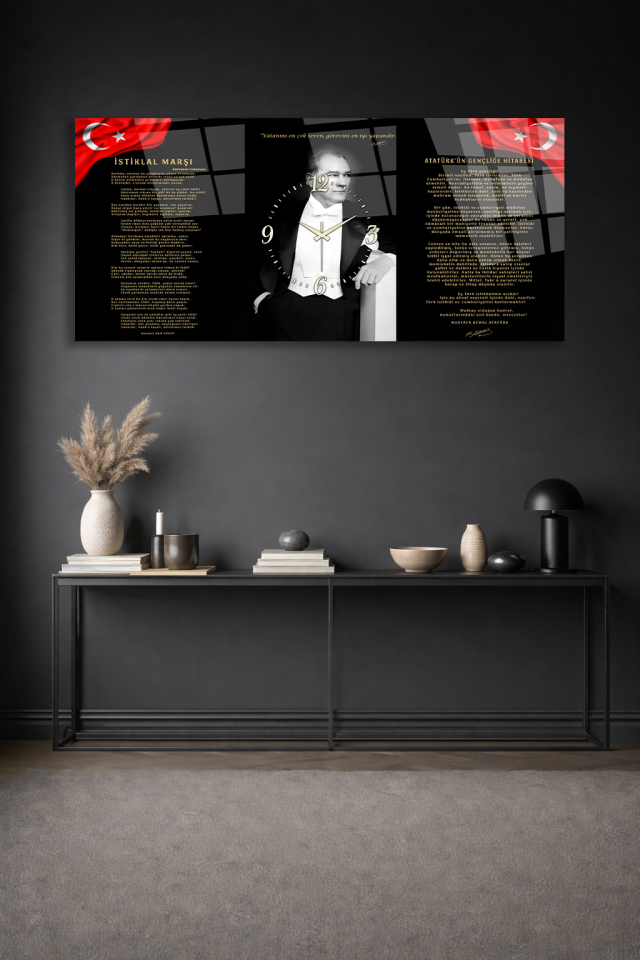 KIRILMAZ CAM DUVAR SAATİ , HEM TABLO HEM SAAT ATATÜRK TEMALI İSTİKLAL VE HİTABE EV OFİS HEDİYESİ