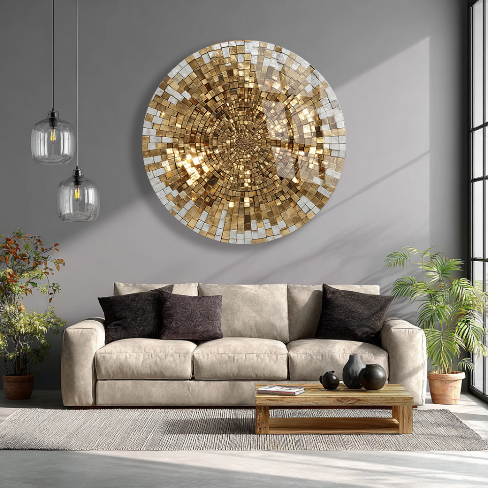 KIRILMAZ CAM TABLO – ALTIN MOZAIK SPİRAL LÜKS SOYUT SANAT TASARIMI