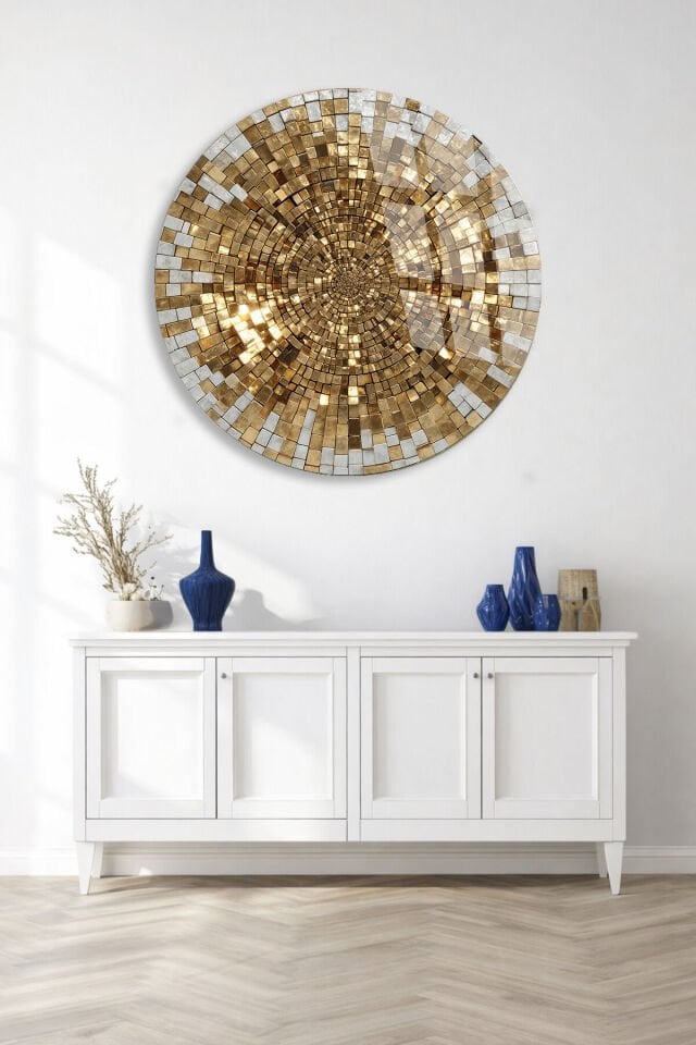 KIRILMAZ CAM TABLO – ALTIN MOZAIK SPİRAL LÜKS SOYUT SANAT TASARIMI