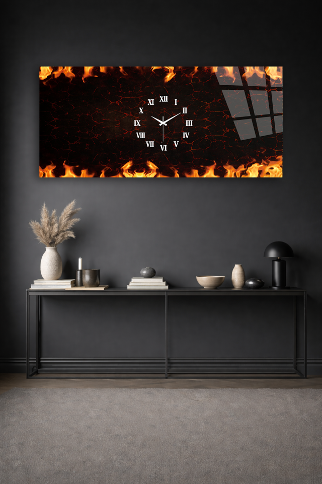 KIRILMAZ CAM DUVAR SAATİ , HEM TABLO HEM SAAT ALEVLİ LAVA DOKU ROMA RAKAM EV OFİS HEDİYESİ