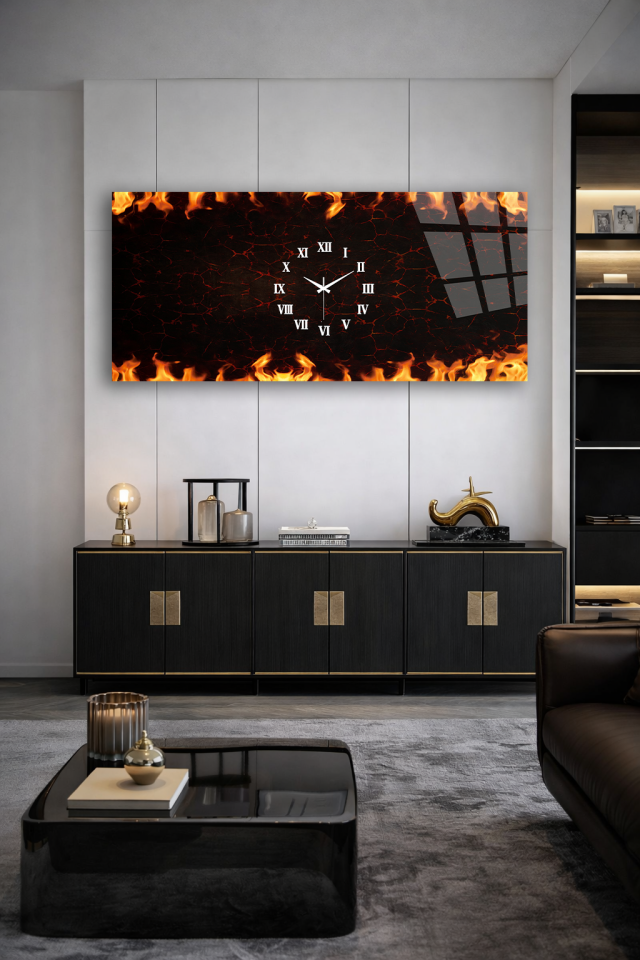 KIRILMAZ CAM DUVAR SAATİ , HEM TABLO HEM SAAT ALEVLİ LAVA DOKU ROMA RAKAM EV OFİS HEDİYESİ
