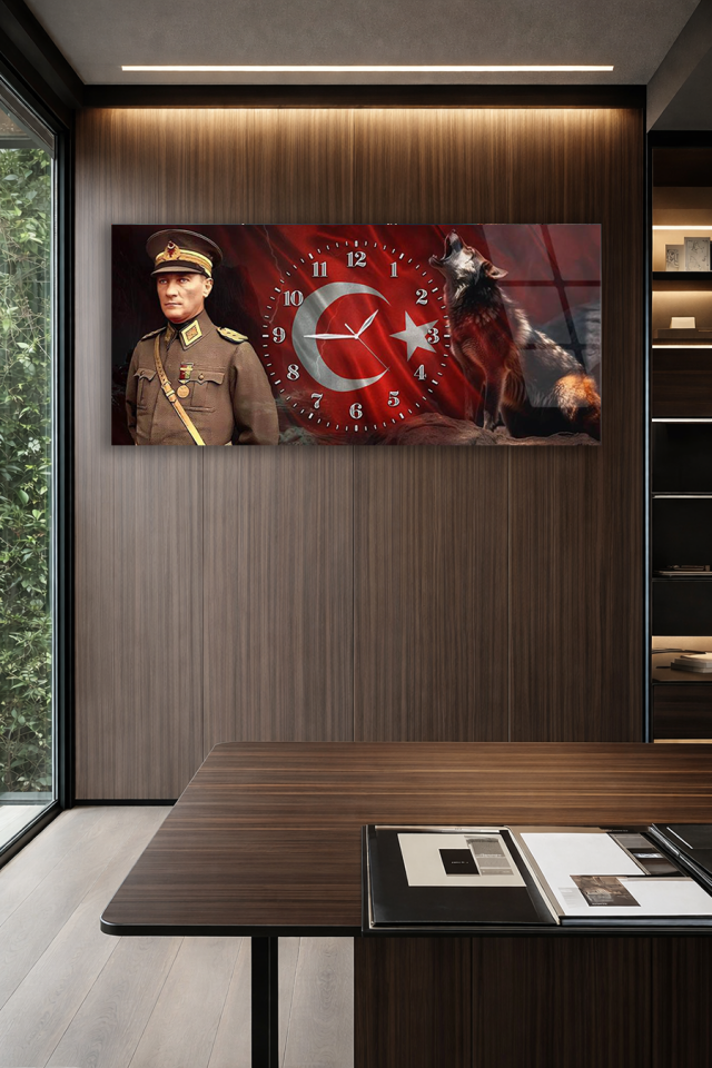 KIRILMAZ CAM DUVAR SAATİ , HEM TABLO HEM SAAT ATATÜRK VE BOZKURT TEMALI EV OFİS HEDİYESİ