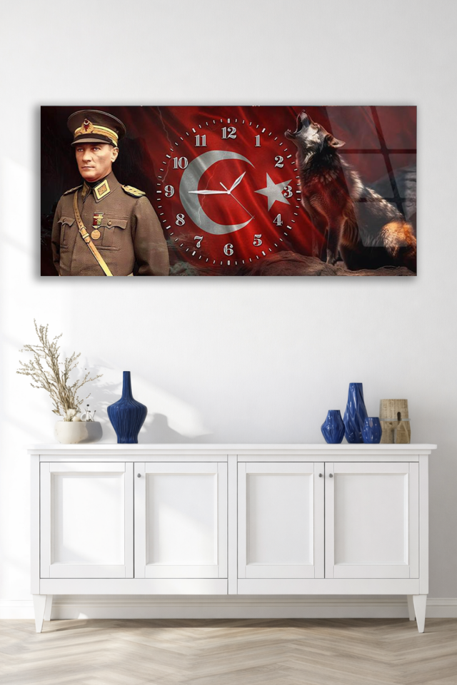 KIRILMAZ CAM DUVAR SAATİ , HEM TABLO HEM SAAT ATATÜRK VE BOZKURT TEMALI EV OFİS HEDİYESİ
