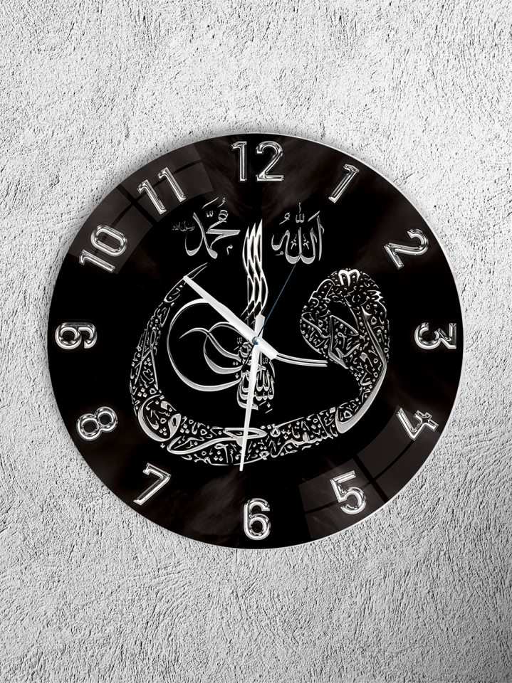 KIRILMAZ CAM DUVAR SAATİ, HEM TABLO HEM SAAT OSMANLI HAT SANATI SİYAH BEYAZ EV OFİS HEDİYESİ