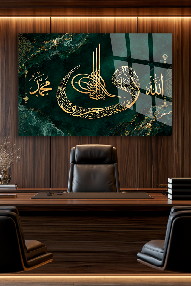 ALLAH MUHAMMED LAFZI YEŞİL MERMER DESENLİ DEKORATİF CAM TABLO EV HEDİYESİ