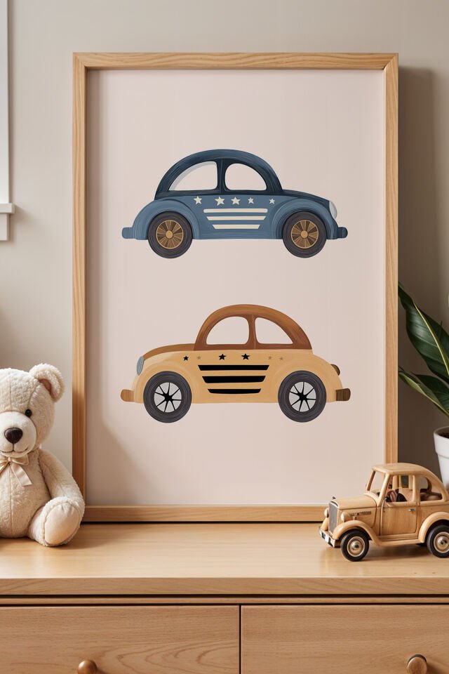 DOĞAL AHŞAP - Retro Arabalar Çocuk Odası Ahşap Çerçeveli Duvar Tablosu