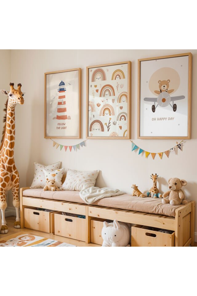 DOĞAL AHŞAP - 3'lü Sevimli Pilot Doğal Ahşap Çerçeveli Çocuk Odası ve Bebek Odası Tablo Seti