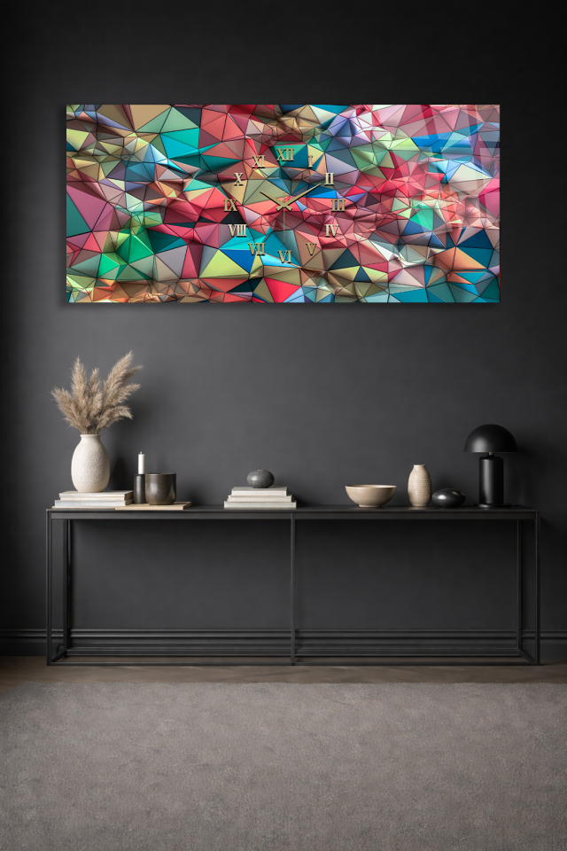 KIRILMAZ CAM DUVAR SAATİ , HEM TABLO HEM SAAT RENKLİ GEOMETRİK MODERN SANAT EV OFİS HEDİYESİ