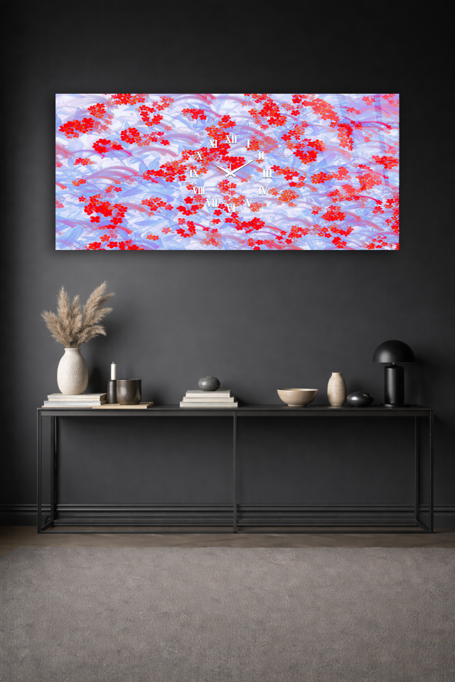 KIRILMAZ CAM DUVAR SAATİ , HEM TABLO HEM SAAT KIRMIZI ÇİÇEKLİ SOYUT DESEN EV OFİS HEDİYESİ