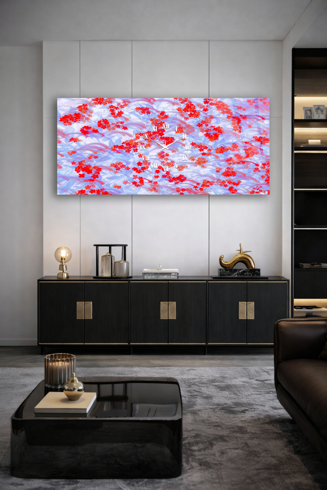 KIRILMAZ CAM DUVAR SAATİ , HEM TABLO HEM SAAT KIRMIZI ÇİÇEKLİ SOYUT DESEN EV OFİS HEDİYESİ