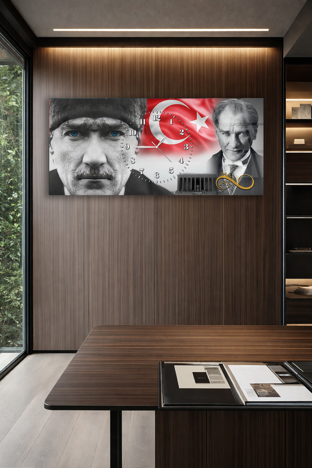 KIRILMAZ CAM DUVAR SAATİ , HEM TABLO HEM SAAT ATATÜRK VE TÜRK BAYRAĞI TEMALI EV OFİS HEDİYESİ