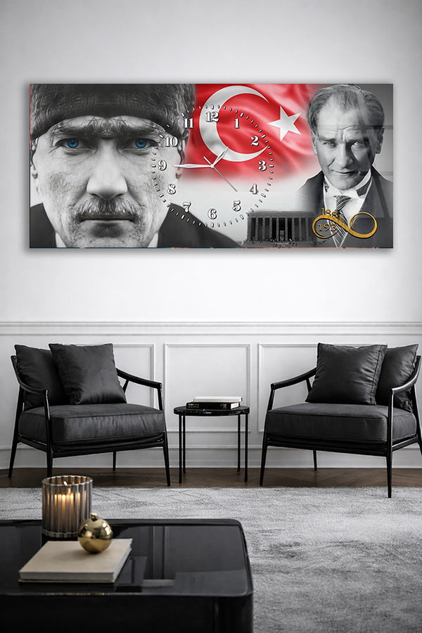 KIRILMAZ CAM DUVAR SAATİ , HEM TABLO HEM SAAT ATATÜRK VE TÜRK BAYRAĞI TEMALI EV OFİS HEDİYESİ