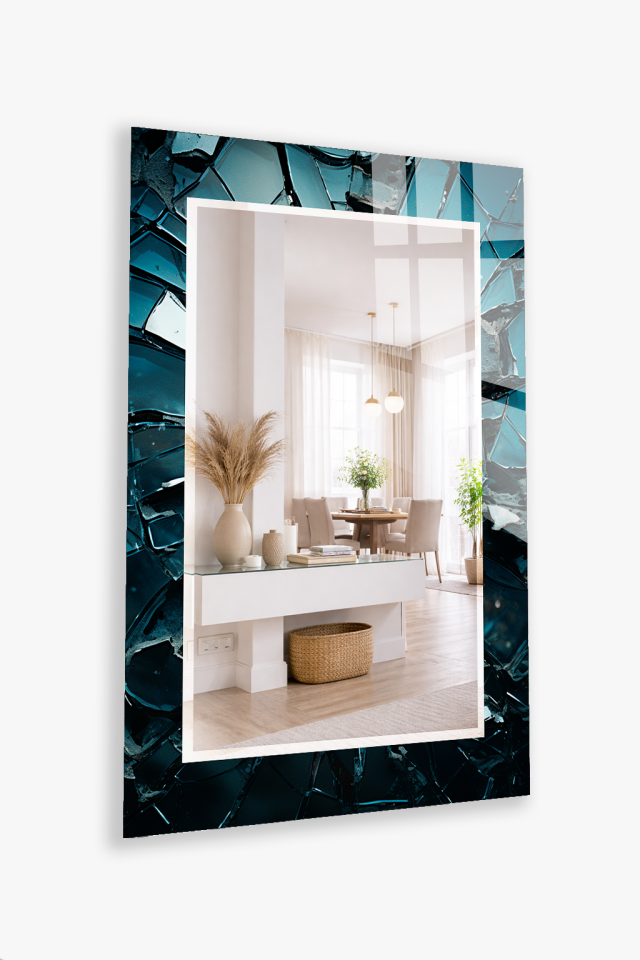HEM TABLO HEM AYNA KOYU TURKUAZ KIRIK CAM DOKU DESEN CAM DUVAR AYNASI EV DEKORU