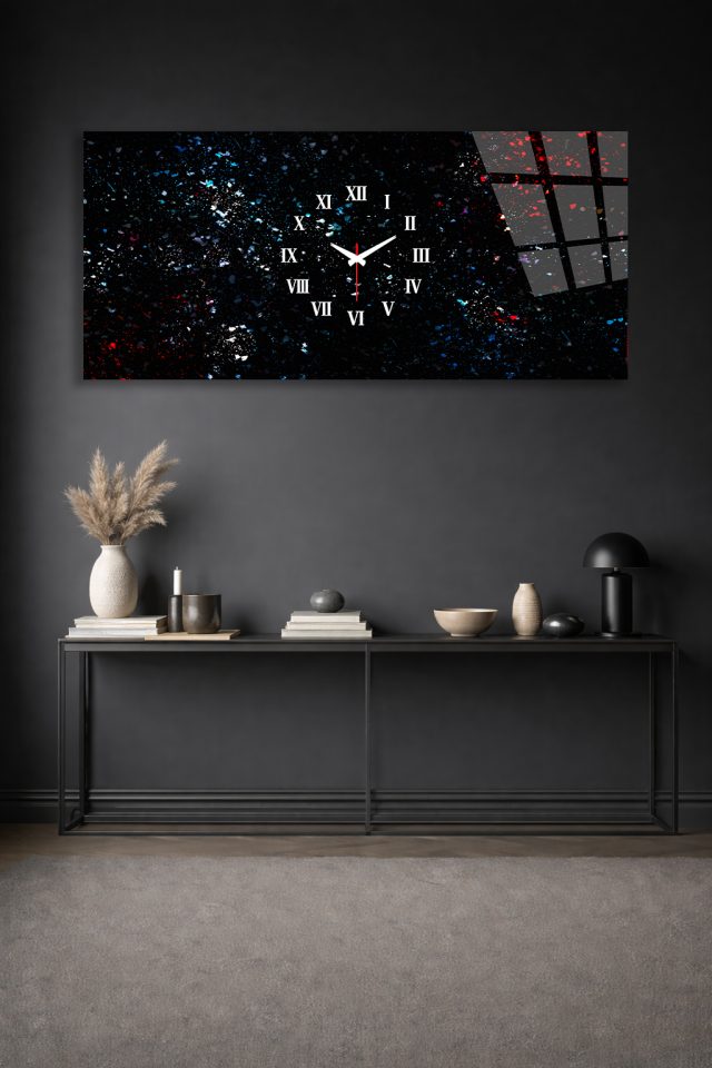 KIRILMAZ CAM DUVAR SAATİ , HEM TABLO HEM SAAT SOYUT GALAKSİ DESEN MODERN EV OFİS HEDİYESİ
