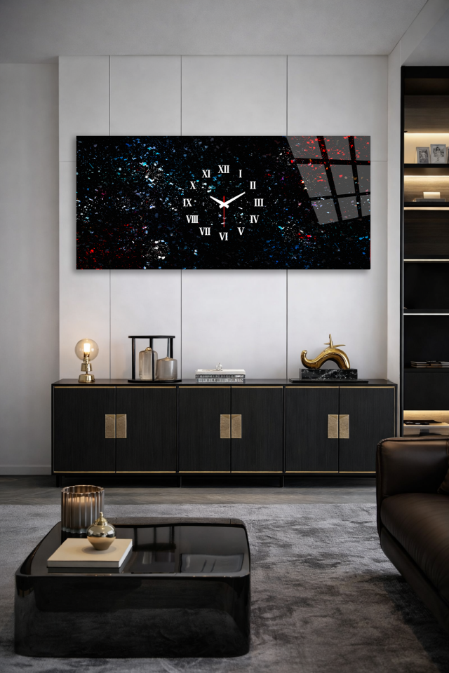 KIRILMAZ CAM DUVAR SAATİ , HEM TABLO HEM SAAT SOYUT GALAKSİ DESEN MODERN EV OFİS HEDİYESİ