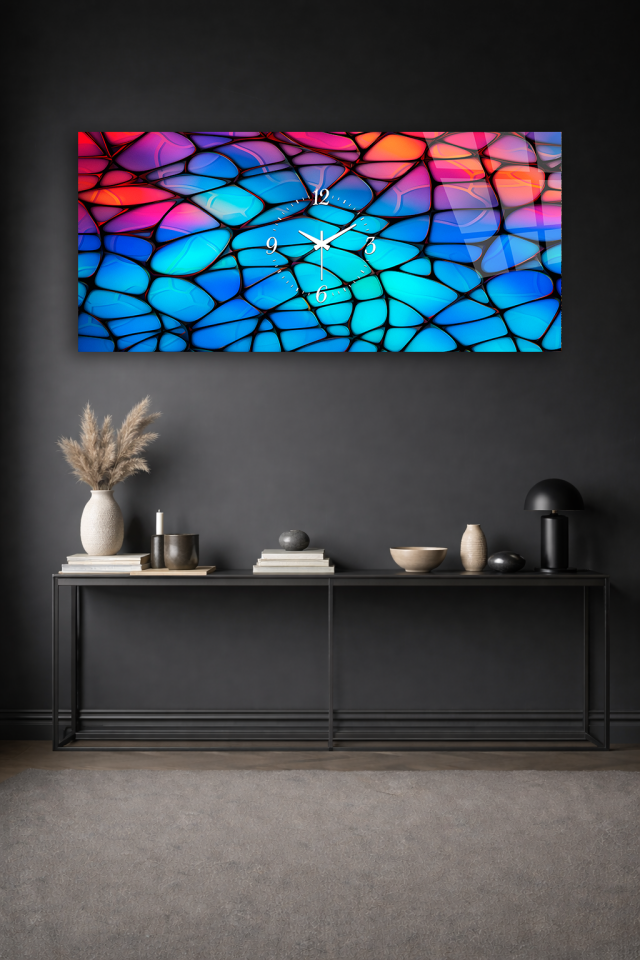 KIRILMAZ CAM DUVAR SAATİ , HEM TABLO HEM SAAT RENKLİ MOZAİK CAM DESEN EV OFİS HEDİYESİ