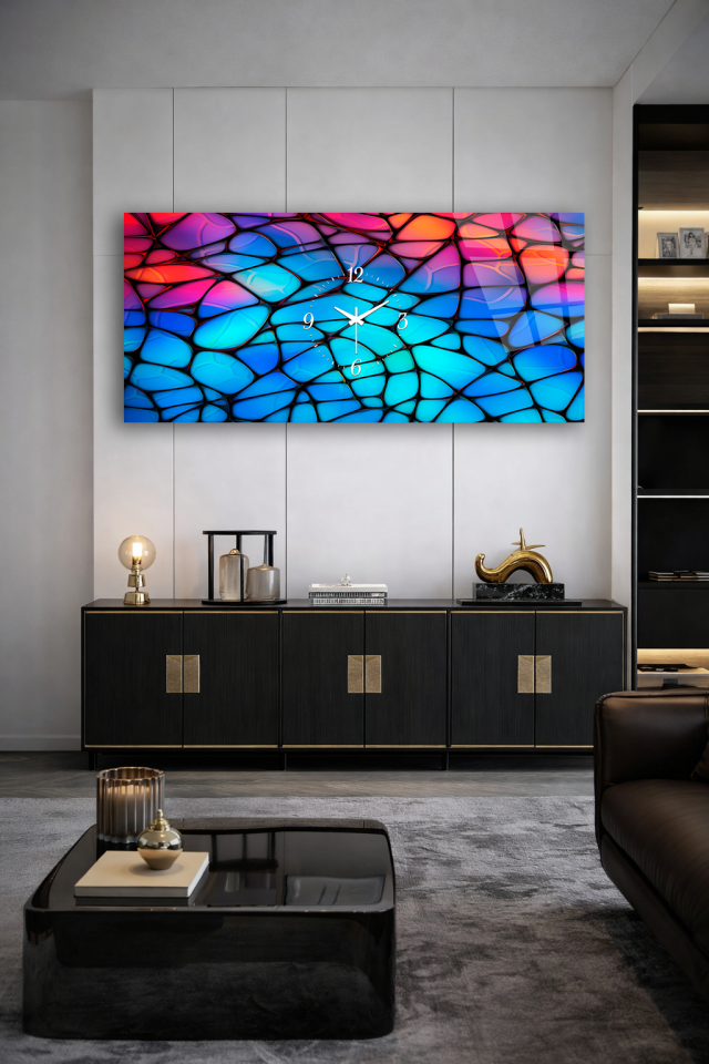 KIRILMAZ CAM DUVAR SAATİ , HEM TABLO HEM SAAT RENKLİ MOZAİK CAM DESEN EV OFİS HEDİYESİ