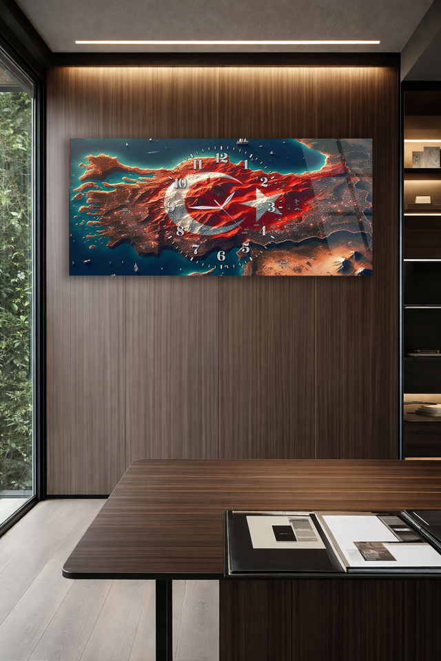 KIRILMAZ CAM DUVAR SAATİ , HEM TABLO HEM SAAT TÜRK BAYRAĞI VE HARİTA MODERN DUVAR SAATİ EV HEDİYESİ