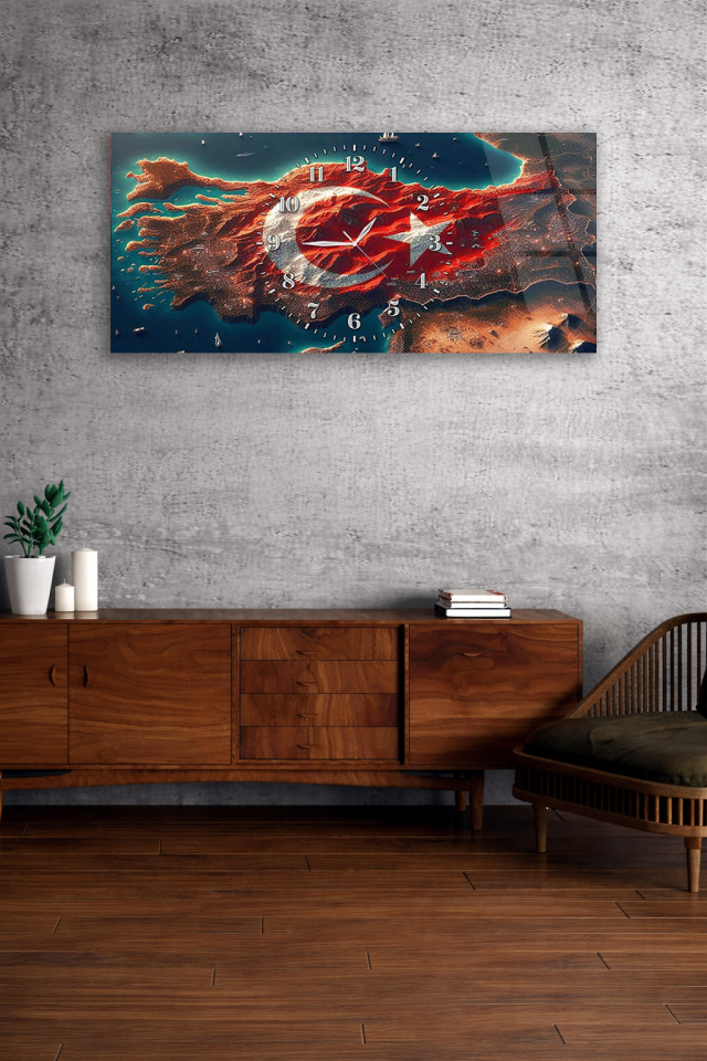 KIRILMAZ CAM DUVAR SAATİ , HEM TABLO HEM SAAT TÜRK BAYRAĞI VE HARİTA MODERN DUVAR SAATİ EV HEDİYESİ
