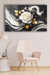 Soyut Siyah Beyaz Gold Gül Cam Tablo, Modern Ev Ofis Salon Duvar Dekoru, Hediyelik Tablo Dekor