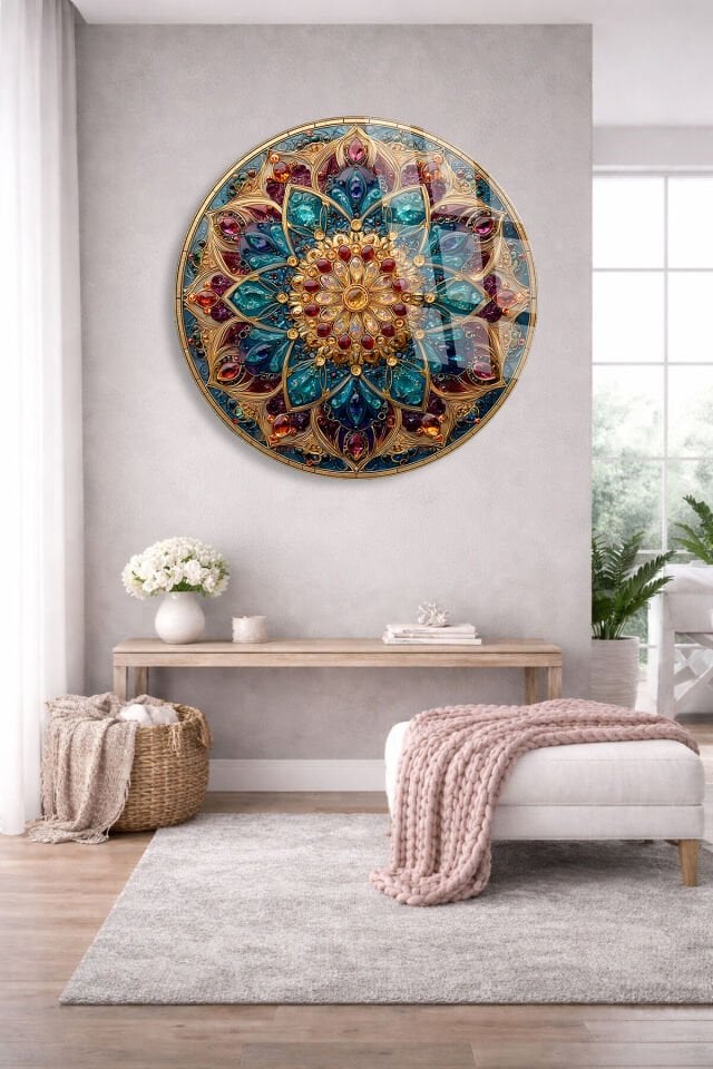 KIRILMAZ CAM TABLO – RENKLİ TAŞLI MANDALA LÜKS MOZAIK SANAT TASARIMI