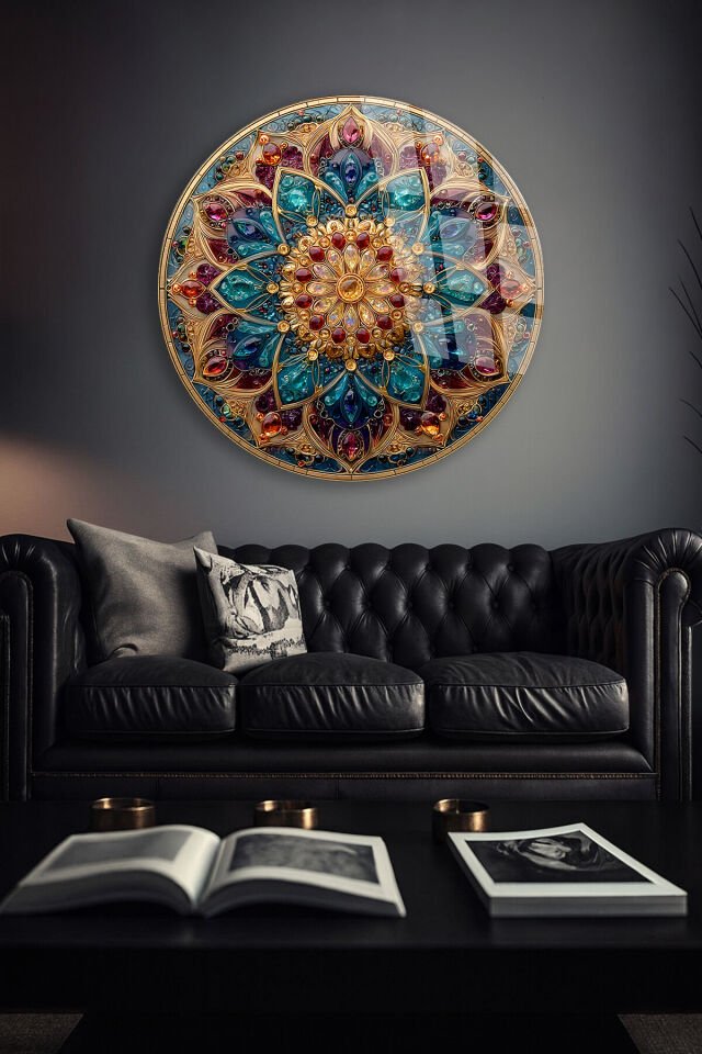 KIRILMAZ CAM TABLO – RENKLİ TAŞLI MANDALA LÜKS MOZAIK SANAT TASARIMI