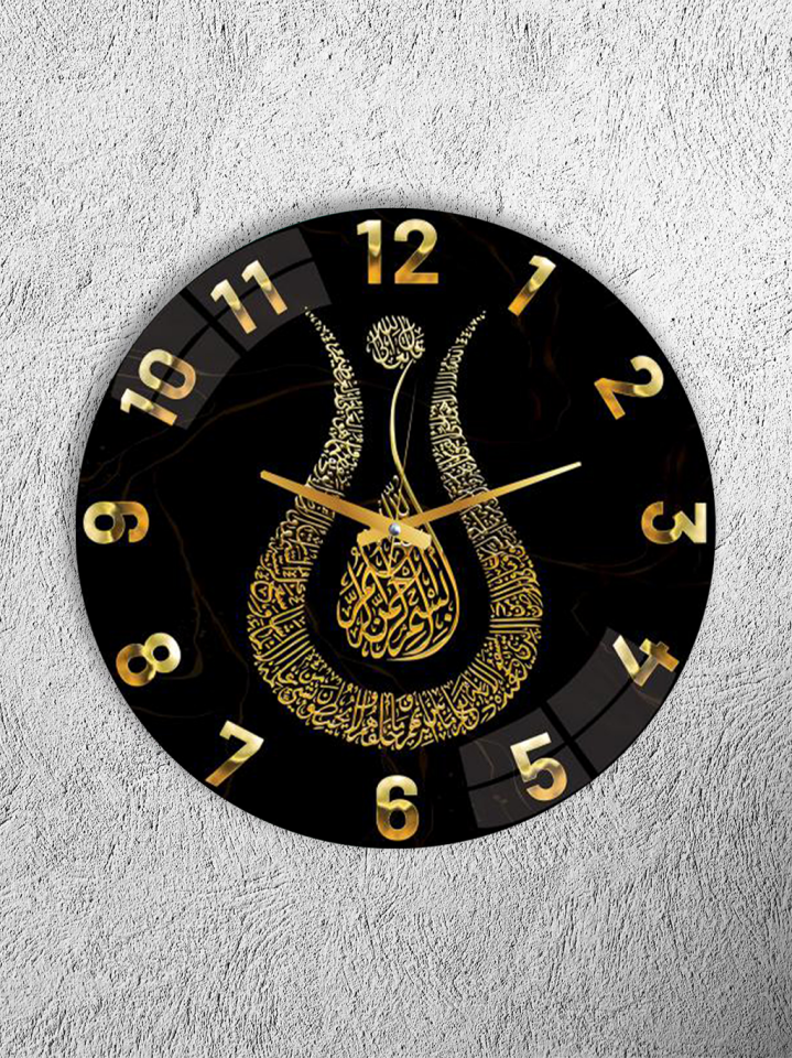 KIRILMAZ CAM DUVAR SAATİ, HEM TABLO HEM SAAT İSLAMİ HAT SANATI SİYAH ALTIN EV OFİS HEDİYESİ